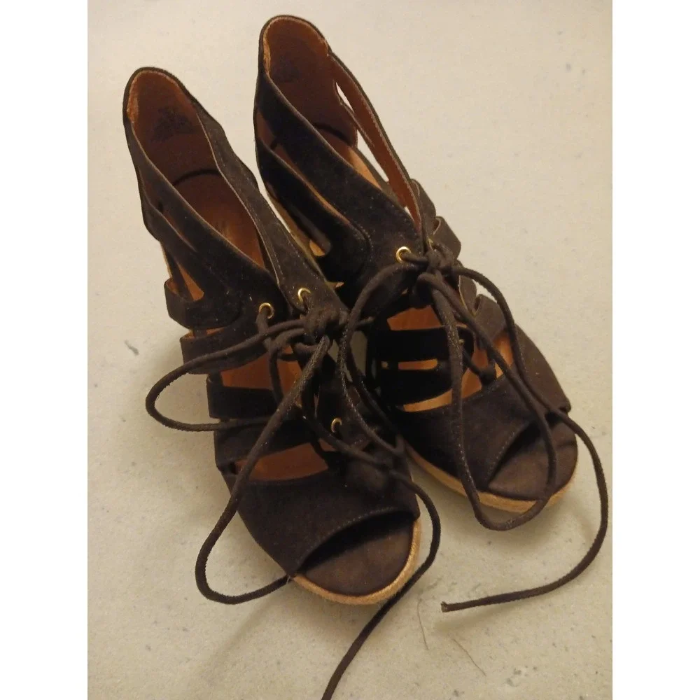 H&M Black Suede‎ Lace Up Wedge Sandals, Size 7.5/38